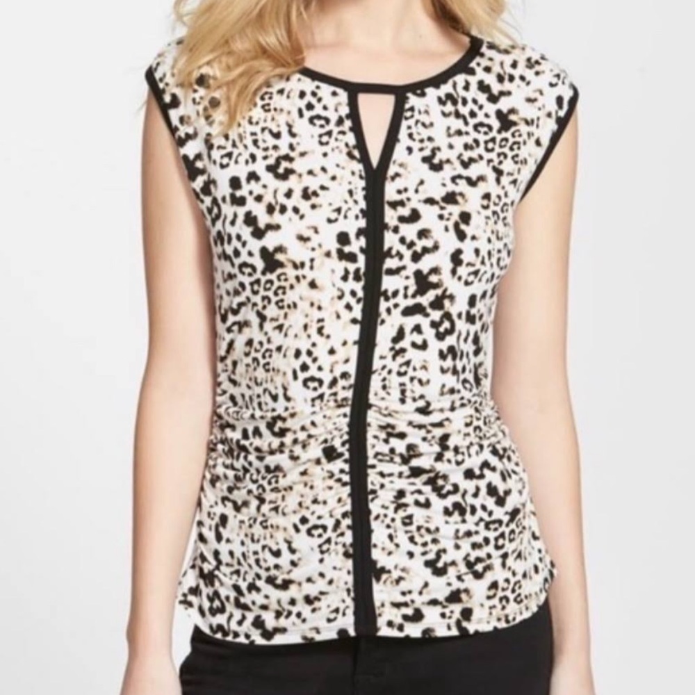 Vince Camuto Cream and Black Leopard Print Cap Sleeve Top